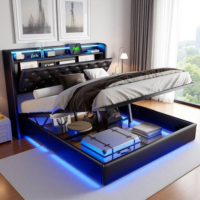 Rosahqnda Polsterbett mit LED-Beleuchtung und USB-Aufladung, B/T: 140 x 200 cm, modernes Doppelbett mit Stauraum im Kopfteil und PU-Bezug in Schwarz - Bild 1
