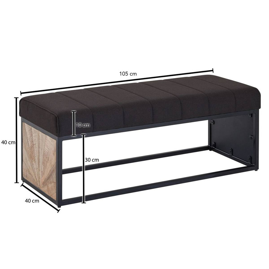 Wohnling Sitzbank aus Mango Massivholz und Eisen in Dunkelbraun und Schwarz mit Stoffbezug, B/H/T: 105 x 40 x 40 cm - Bild 2