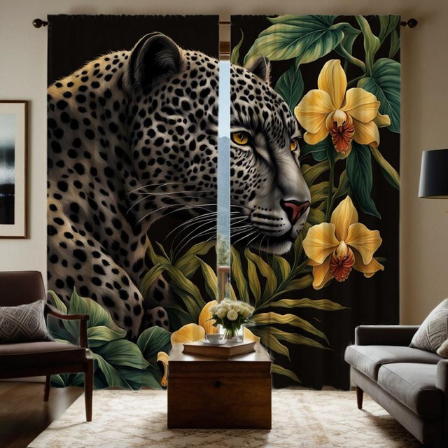 2er-Set Verdunkelungsvorhänge mit Wilden Leoparden-Print in Schwarz und Multicolour für Wohnzimmer und Schlafzimmer, Breite: 132 cm, Höhe: 160 cm - Bild 1