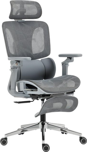 HOMCOM Ergonomischer Bürostuhl in Grau mit Mesh-Rückenlehne, 6D-Armlehnen, Kopfstütze, verstellbarer Sitztiefe und Fußstütze - Bild 1