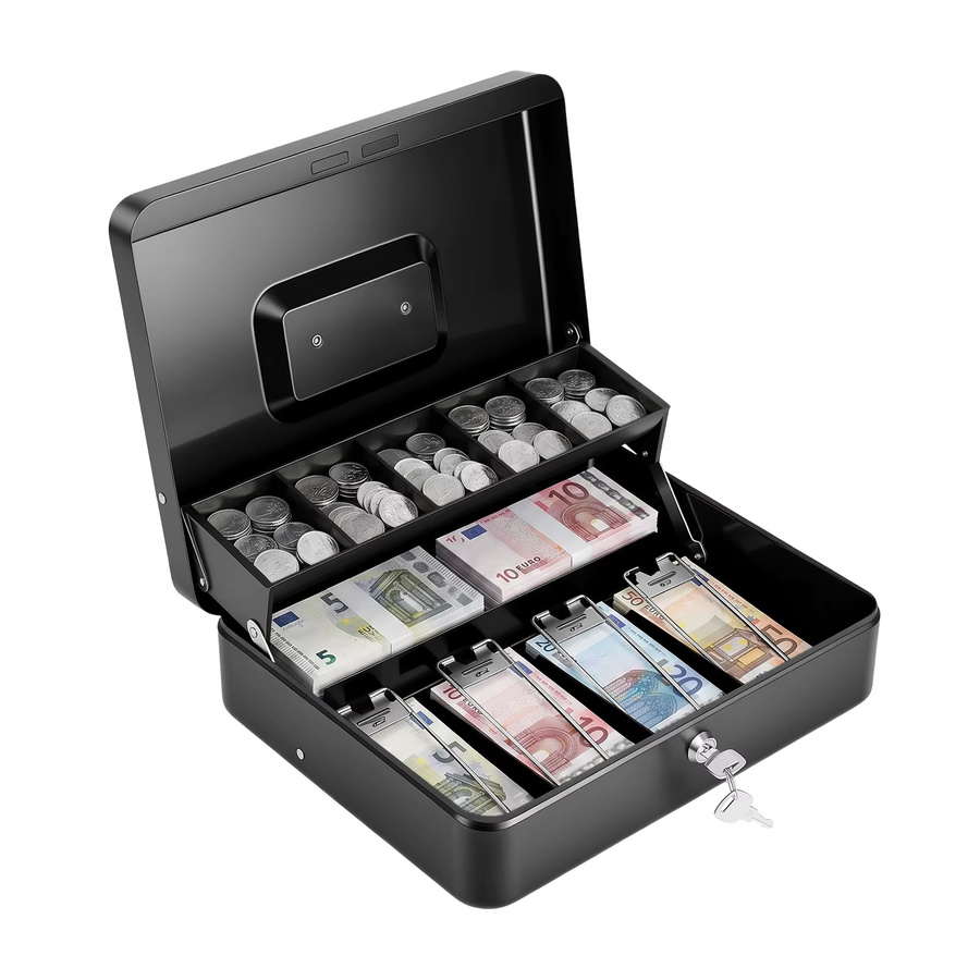 Metall-Geldkassette in Schwarz mit Schloss, 2 Schlüsseln und 5 Fächern inklusive Cantilever-Tablett für Einzelhandel und Büro - Bild 9