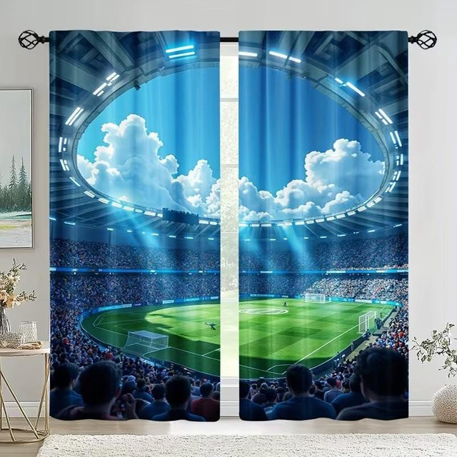 Lampayan Set aus 2 Fußballstadion-Print-Vorhängen aus Polyester, Blau, B: 100 cm, H: 130 cm - Bild 1