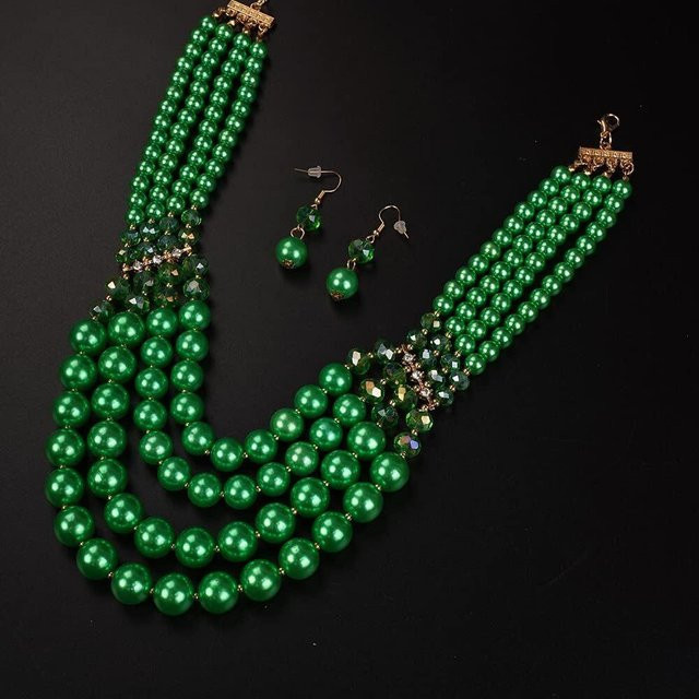 Lucky Star Jewelry Schmuck-Set, Perlenkette und Ohrringe, Messing, Grün, Zirkonia, Kristall, Perle, Damen - Bild 1