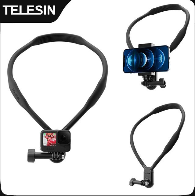 TELESIN Halshalterung aus Silikon für GoPro 13 12 11 10 9 8 7, Insta360 und DJI Osmo Action, Farbe: Schwarz - Bild 1