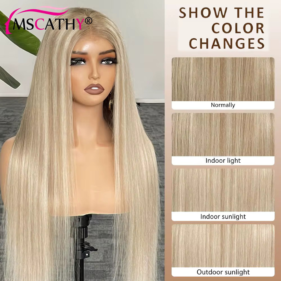 Mscathy Remy Echthaarperücke, 250%, beige meliert, glatt, Damen - Bild 2