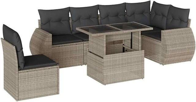 vidaXL 7-teilige Garten-Sofagarnitur aus Poly-Rattan in Hellgrau mit Kissen aus Polyester und pulverbeschichtetem Stahl - Bild 1