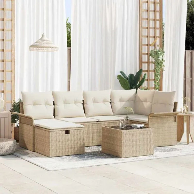 7-teiliges Garten-Sofa-Set mit Kissen und Stauraum aus Poly-Rattan in Beige von vidaxl - Bild 1