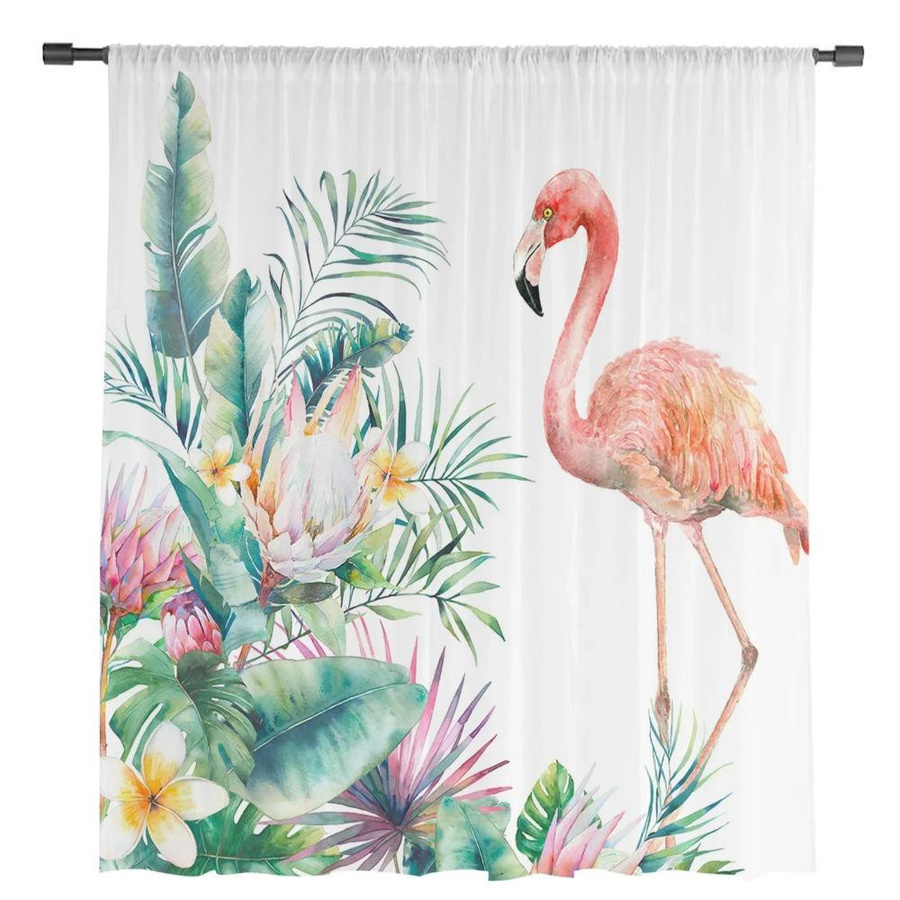 Yiran Furniture Transparenter Voile-Vorhang mit tropischem Flamingo und Schildkröten-Blatt-Motiv, Organza-Gardine für Wohnzimmer und Küche, Breite: 135 cm, Höhe: 115 cm - Bild 2