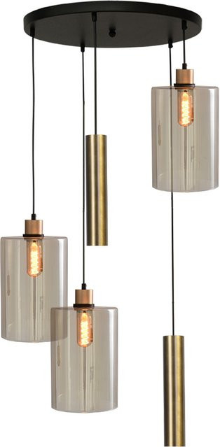 Masterlight Ortona 5-flammige Pendelleuchte in Gold/Messing mit transparenten Glasschirmen, rund und dimmbar - Bild 1