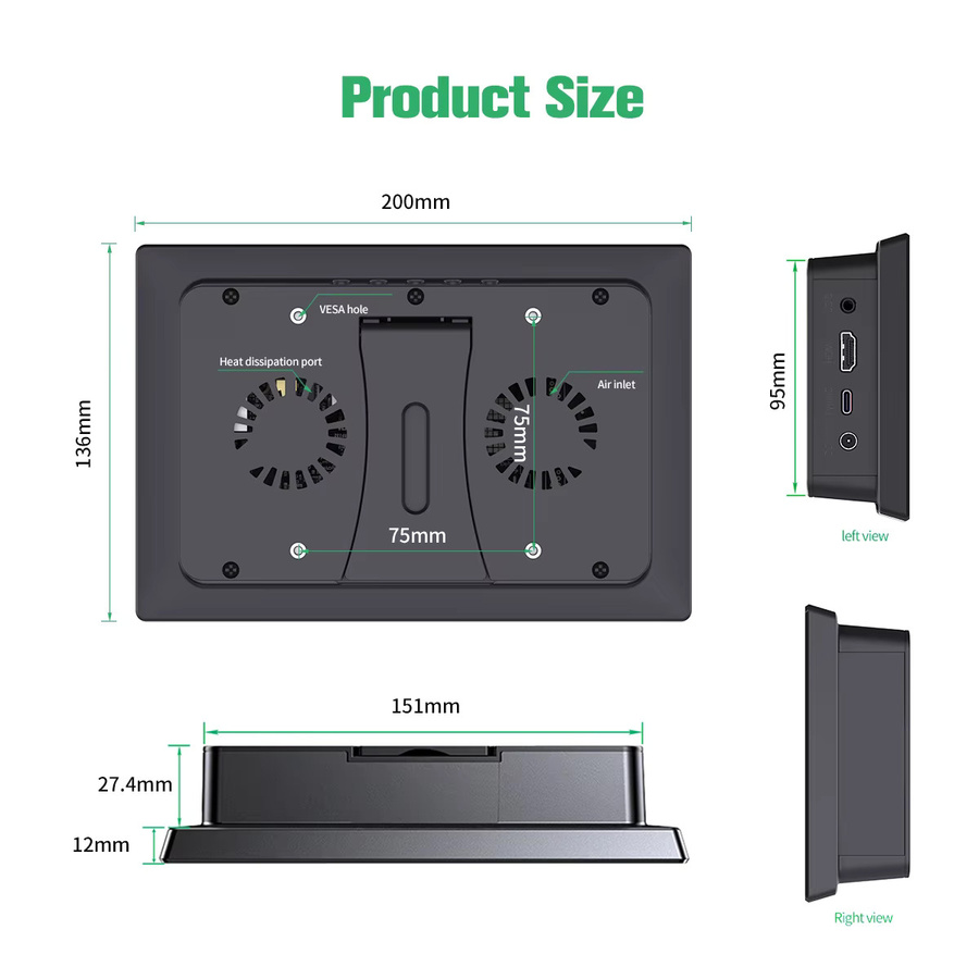Unew Premium 8-Zoll Touchscreen-Monitor für Raspberry Pi 5/4/3 mit 1280x800 Auflösung, HDMI und USB, Schwarz, inklusive integriertem Lüfter und Lautsprechern - Bild 2