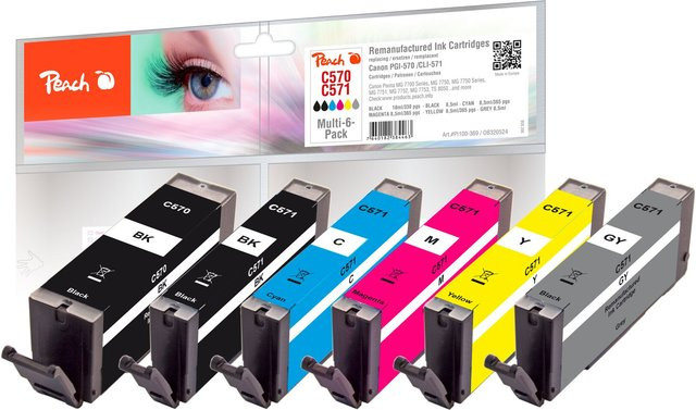 Peach C570 Druckerpatronen Set für Canon PGI-570 und CLI-571, 6er Pack, wiederaufbereitet, Multicolor - Bild 1