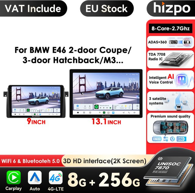 Hizpo 9 Zoll Autoradio für BMW E46 M3 (1998 - 2006) mit Carplay, Android Auto, 2K QLED Display, GPS und 4G Navigation in Schwarz - Bild 1