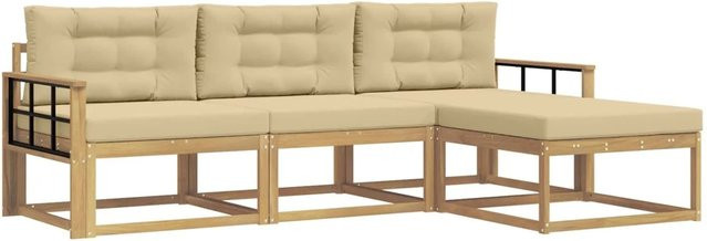 vidaXL Outdoor-Sofagarnitur in L-Form aus Akazienholz mit Kissen, 4-teilig, Weiß, Beige und Braun - Bild 1