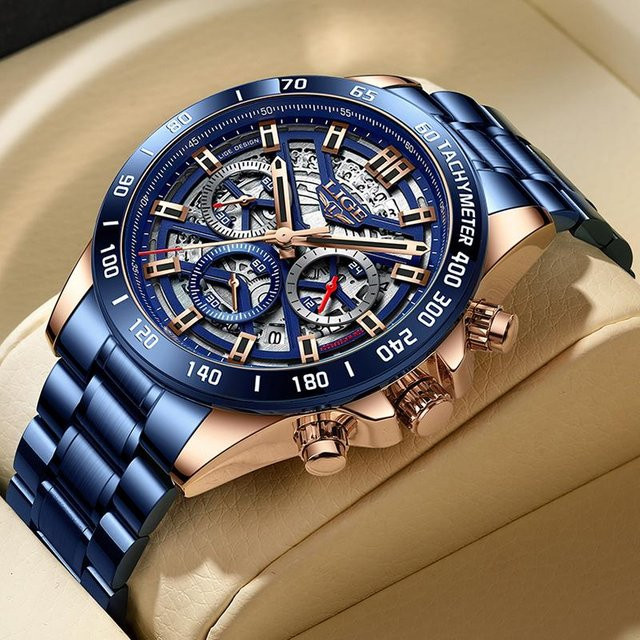 LIGE Armbanduhr, Edelstahl, Quarz, Gold/Blau, Herren - Bild 1