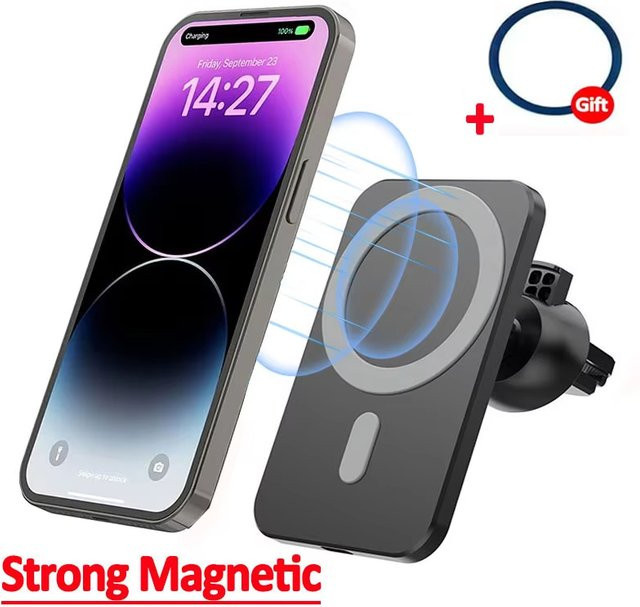 VIKEFON Magnetisches kabelloses Autoladegerät mit Lüftungsschlitz-Halterung für MagSafe iPhone Samsung und Xiaomi in Schwarz - Bild 1