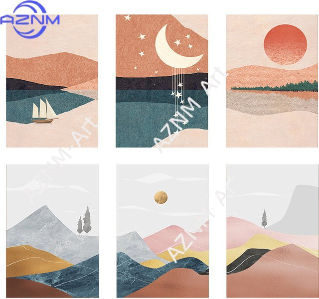 Potdemiel Landschaftskunst-Poster Morandi Berg Sonne und Mond auf Leinwand in Mehrfarben - Bild 1