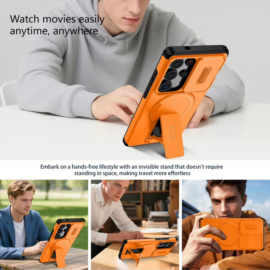 Stoßfeste Rüstung-Schutzhülle mit magnetischer unsichtbarer Faltenhalterung für Samsung Galaxy S26 S25 S24 S23 S22 Ultra Plus, Wireless Charging kompatibel, in Blau oder Orange - Bild 5