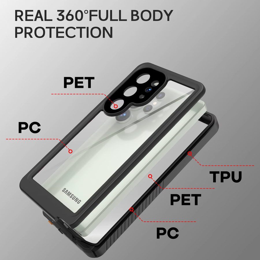Shellbox Bestseller wasserdichte Handyhülle mit IP68 Schutz und Objektivschutz für Samsung Galaxy S25 Ultra, S24 und S23 Serie in Schwarz - Bild 2