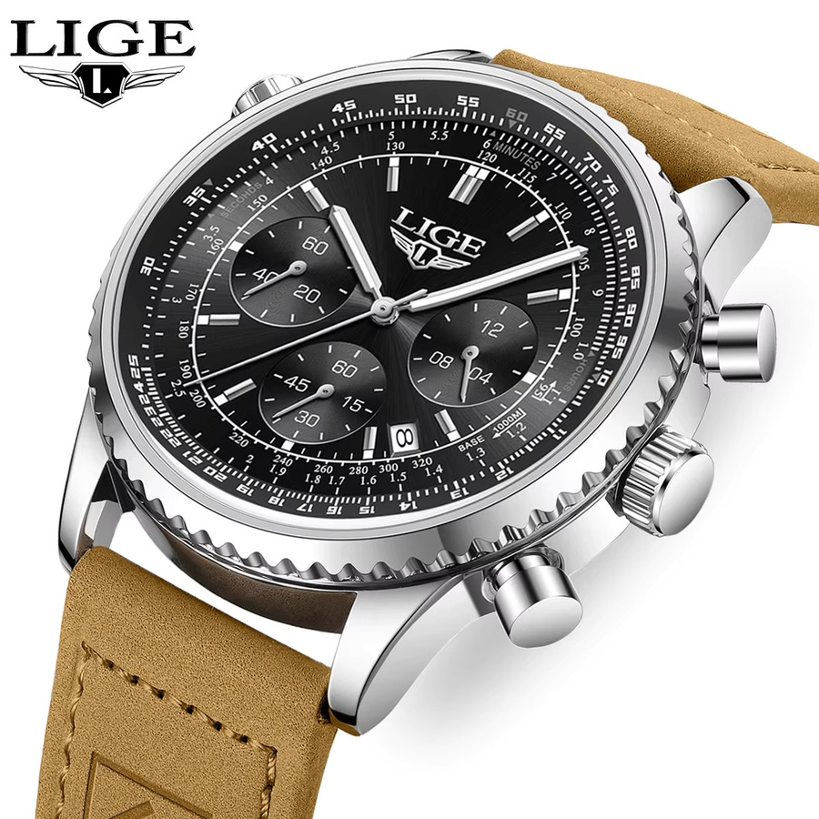 LIGE Armbanduhr Chronograph, Quarz, Leder, Schwarz, Herren - Bild 5