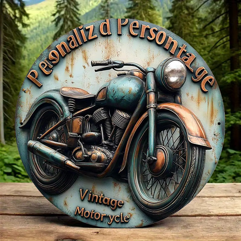 HELLOYOUNG Vintage Motorrad Wandschild aus Metall, Rundes Aluminium-Deko-Schild in Grün und Kupfer, Durchmesser: 20 cm - Bild 3