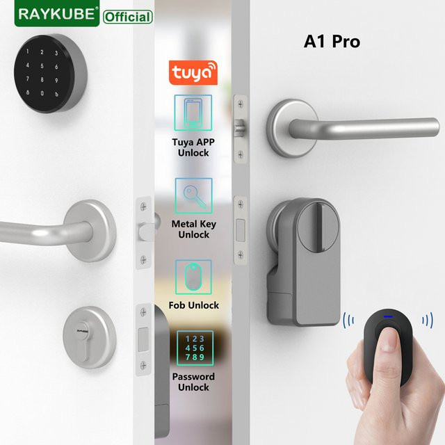 RAYKUBE A1 Pro Tuya BEL Intelligentes elektronisches Türschloss-Set in Schwarz mit kabelloser Tastatur und Smart Key für Smart Life und Tuya App-Fernentriegelung - Bild 1