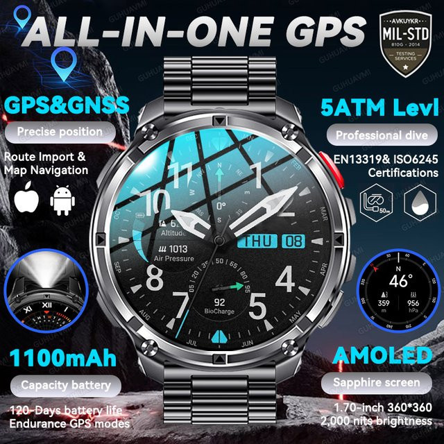 GUHUAVMI GPS Militär-Smartwatch in Schwarz mit AGPS, 5ATM Wasserdichtigkeit, 3D-Kompass und 1100mAh Akku - Bild 1
