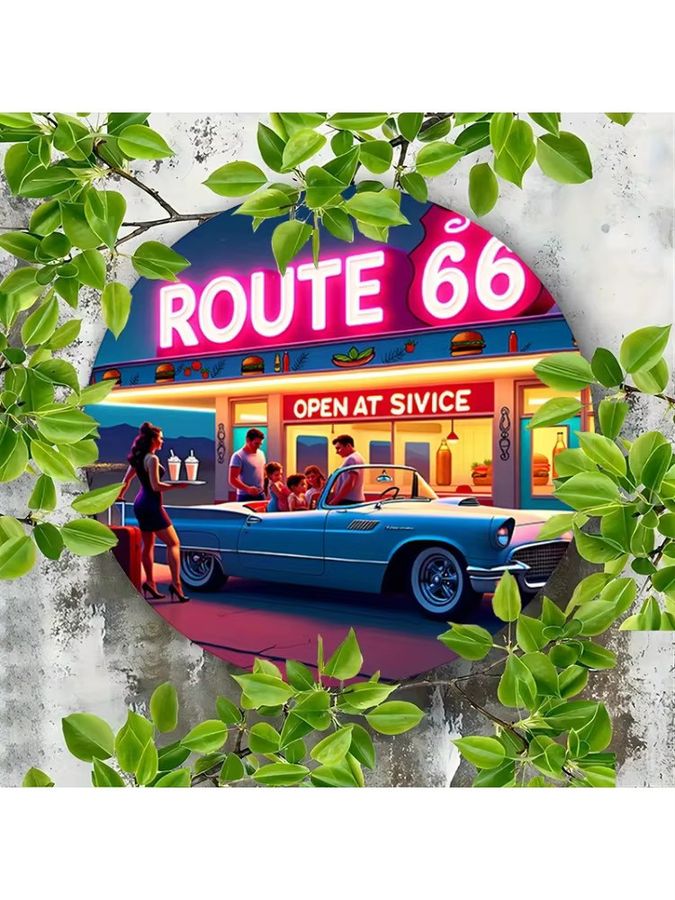 Route 66 Vintage Neonschild von Potdemiel – Runde Wandkunst aus Aluminium mit klassischer Auto- und Dinner-Szene im Retro-Design - Bild 7