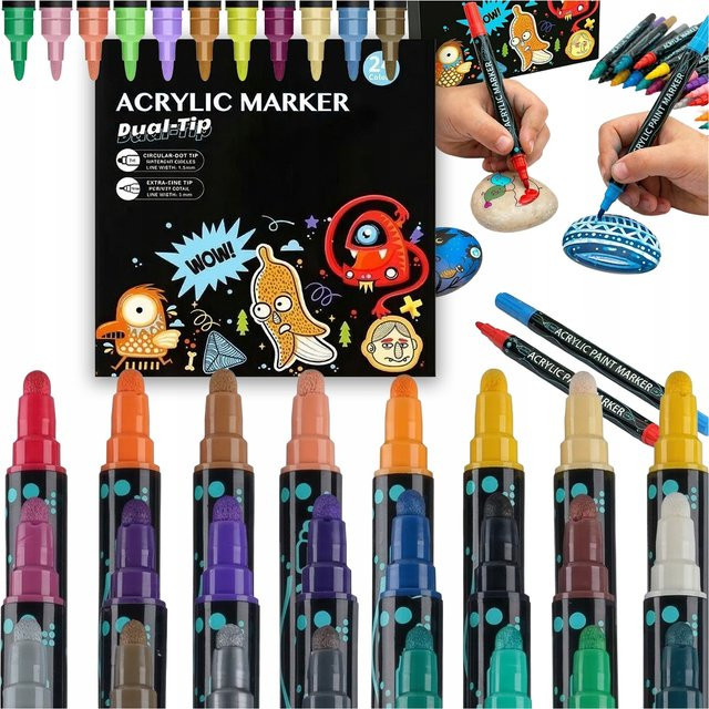 24er Set Acrylmarker mit doppelseitiger Meißelspitze, wasserfeste Permanent-Stifte in Mehrfarben für DIY-Projekte auf Stein, Holz, Metall, Glas und Leinwand - Bild 1