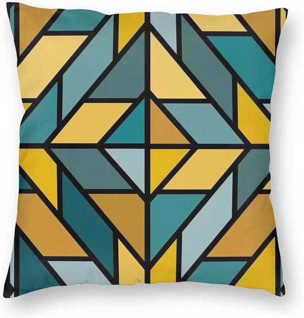 Dekorativer Kissenbezug Green Harvest mit geometrischem Fliesenmuster in Senfgelb und Türkis, quadratisch, B/B/H: 35 x 35 x 35 cm - Bild 1