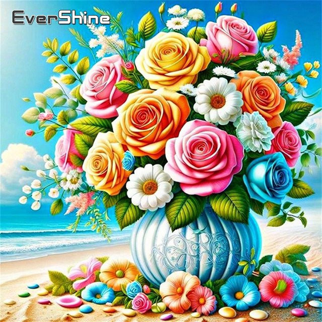 Evershine Diamant-Stickerei Rose 5D-Bild mit Strasssteinen in Pink und Multicolour, Florales Mosaik-Gemälde für dein Hobby, B/H: 20 x 20 cm - Bild 1