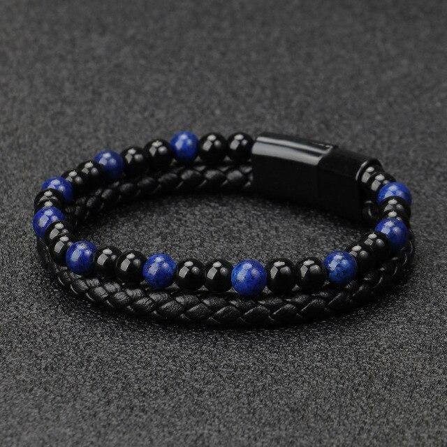 YIRAN Jewelry Armband, Tigerauge, Vulkanstein, Perle, Rindsleder, Herren, Schwarz - Bild 1