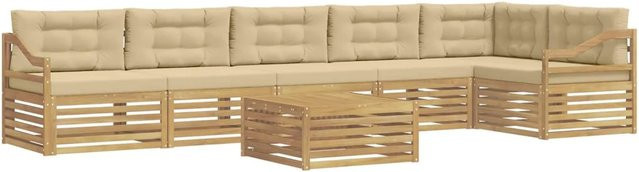 vidaXL Outdoor-Sofagarnitur 7-teilig in L-Form aus Akazienholz mit Kissen, Weiß und Beige - Bild 1