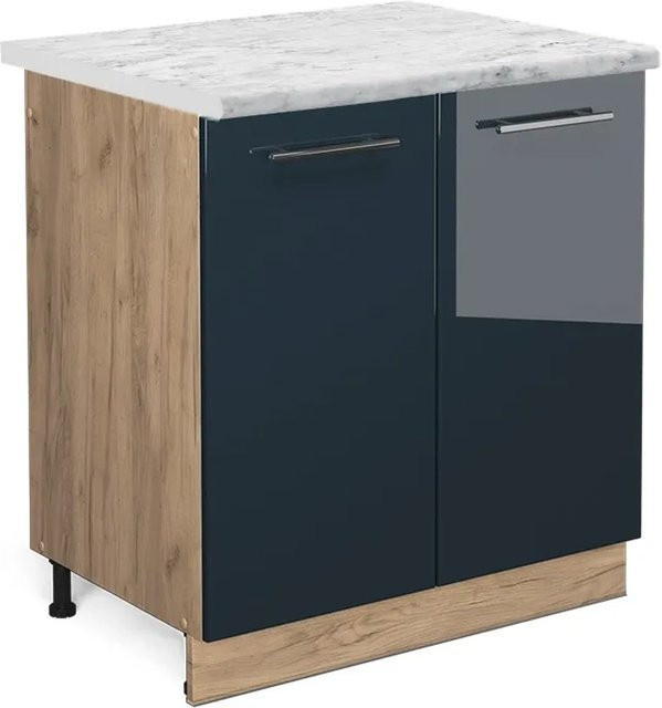 Vicco Spülenunterschrank Fame-Line in Dunkelblau Hochglanz und Eiche mit weißer Marmor-Arbeitsplatte, Breite: 80 cm - Bild 2