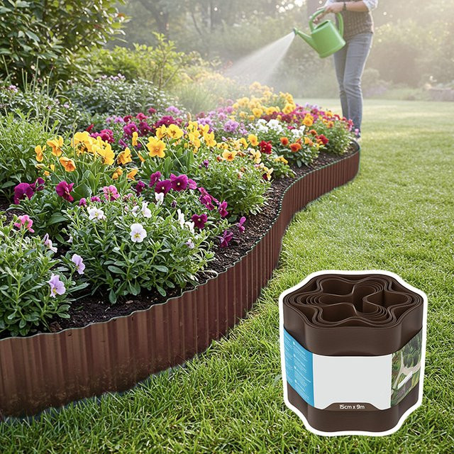 Brauner Gartenzaun aus Kunststoff als Trennstreifen und Rasenrand für Blumenbeete und Pflanzen - Bild 1