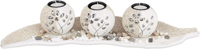 Relaxdays Teelichthalter Set aus MDF in Sand-Optik, Farben: Weiß, Beige, Grau, B/T/H: 50,5 x 16,5 x 9 cm - Bild 1