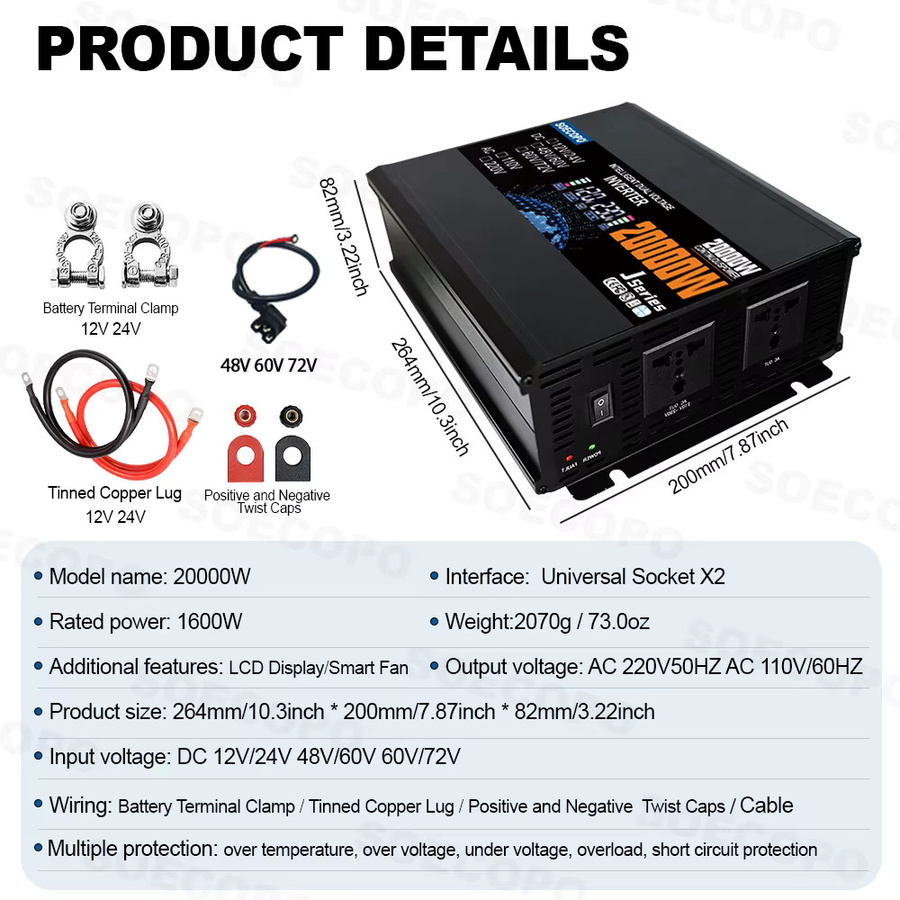Soecopo Smart Inverter Solar Stromrichter 20000 W mit Dual Spannung Eingang DC 12 V/24 V/48 V/60 V/72 V zu AC 110/220 V für Haus und Camping - Bild 2
