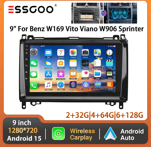 ESSGOO Android 15 Autoradio mit 9 Zoll Display, Wireless Carplay, GPS und Bluetooth für Mercedes W169 W639 Vito Viano W906 Sprinter, Schwarz - Bild 1