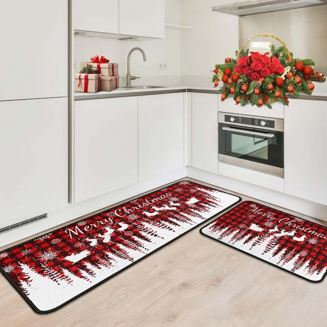 VIKAMA 2-teiliges Weihnachts-Fußmatten-Set im Büffelkaro-Design, schwarz, schmutzabweisend und rutschfest - Bild 1