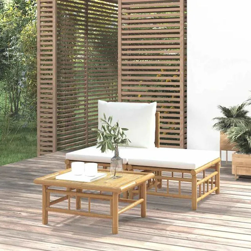 Vidaxl Gartenmöbel-Set aus Bambus mit beigen Kissen, 3-teilig - Bild 1