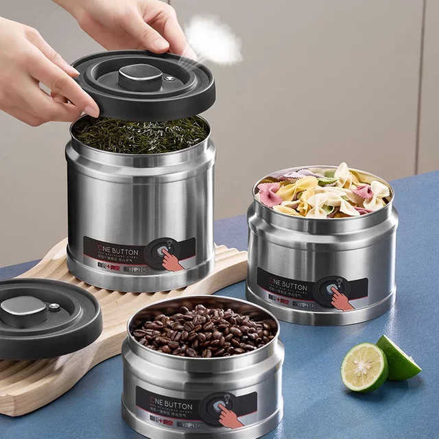 CHANSUNRUN Vakuumversiegelter Vorratsbehälter aus Edelstahl und Glas in Silber, luftdichter Behälter für Kaffeebohnen und Lebensmittel, 0,75 l - Bild 1