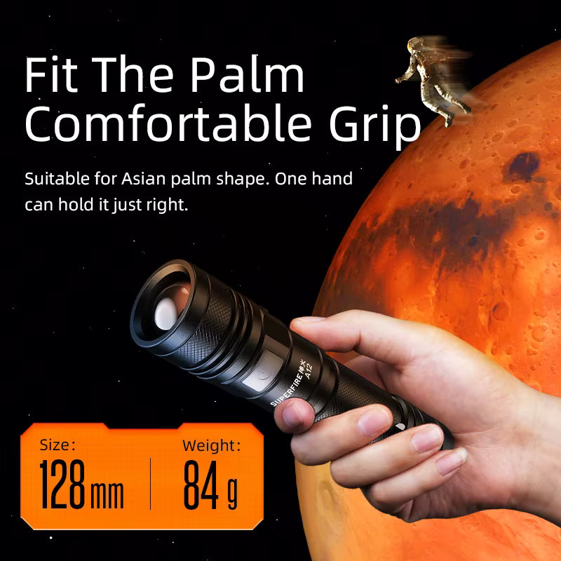 SUPERFIRE A12 Taktische Hochleistungs-LED-Taschenlampe mit Zoom und USB-Wiederaufladung, Wasserdicht, 5 Modi - Bild 4