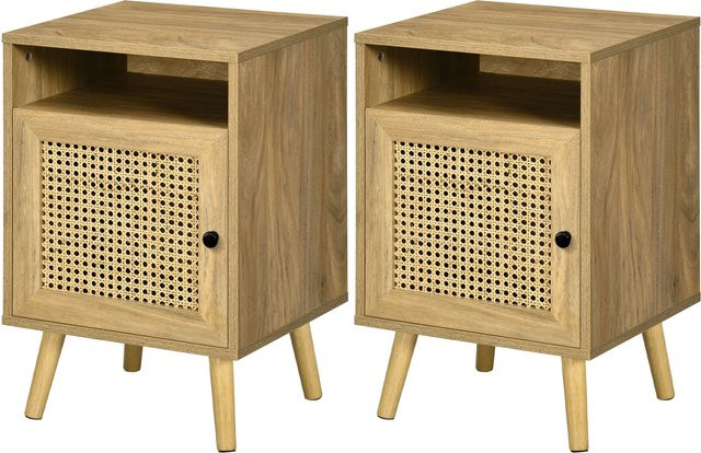 HOMCOM Set aus 2 Nachttischen im Vintage Design mit Rattan-Flechtwerk und Schranktür, Natur, B/T/H: 39 x 35 x 60 cm - Bild 1