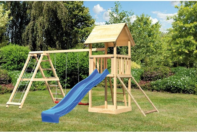 Karibu Spielturm Lotti aus Fichtenholz in Blau mit Doppelschaukel, Netzrampe, Klettergerüst und Rutsche - Bild 1