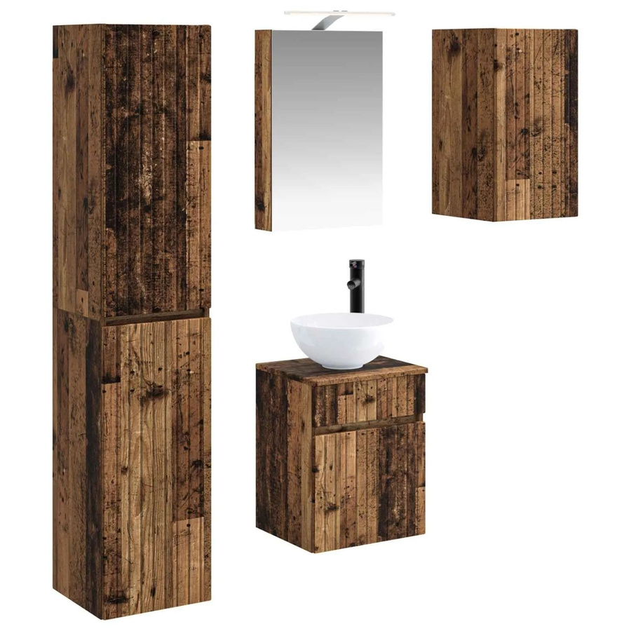 vidaXL Badezimmerschrank-Set 5-teilig aus Altholz in Braun mit LED-Beleuchtung und Spiegelschrank, B/T/H: 40 x 10,5 x 60,5 cm - Bild 2