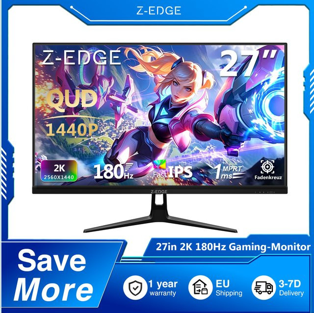 Z-EDGE 27-Zoll Gaming-Monitor mit 180Hz, 2K QHD Auflösung, Fast IPS Panel, 1ms MPRT, HDR10 und FreeSync in Schwarz - Bild 1