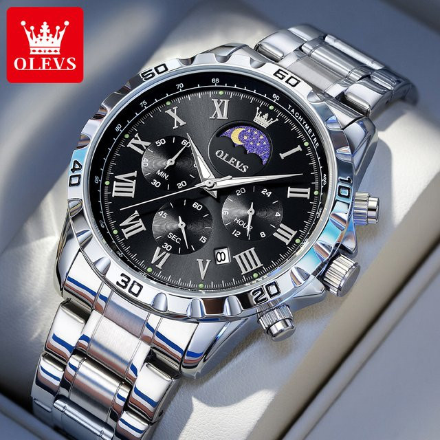 OLEVS Armbanduhr, Quarz, Chronograph, Edelstahl, Schwarz, Silber, Herren - Bild 1