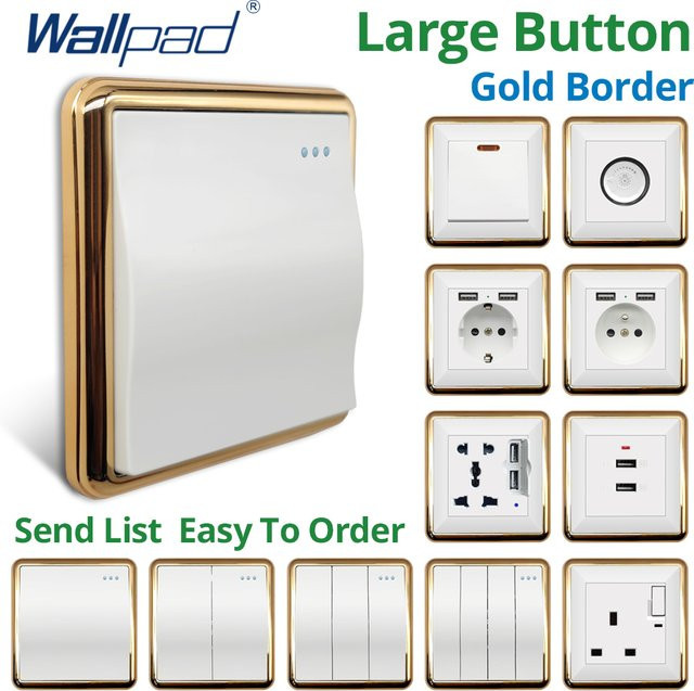 Wallpad Wandsteckdose und Lichtschalter mit Wellenknopf in Weiß und Goldrand für EU und UK - Bild 1
