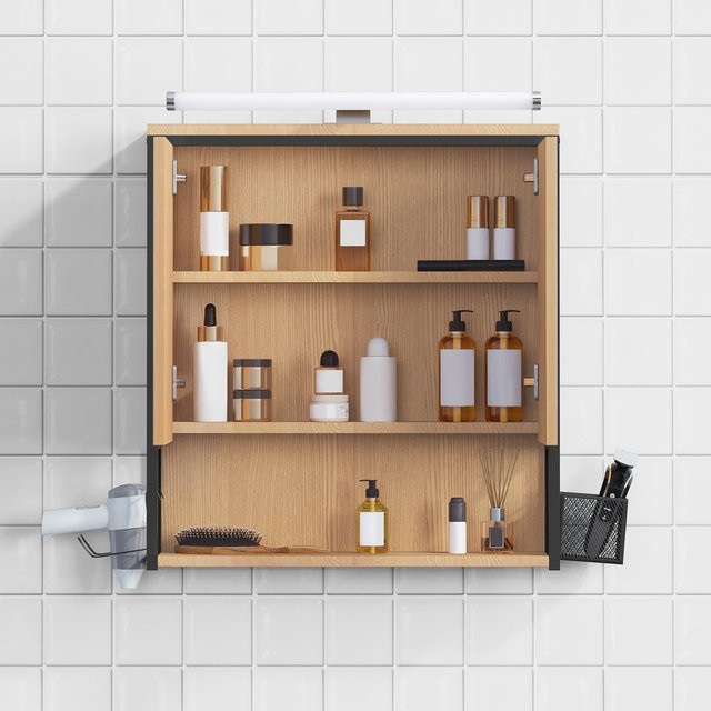Eugad Badezimmer-Wandschrank mit LED-Spiegel und Haartrocknerhalter in Eiche und Schwarz - Bild 1