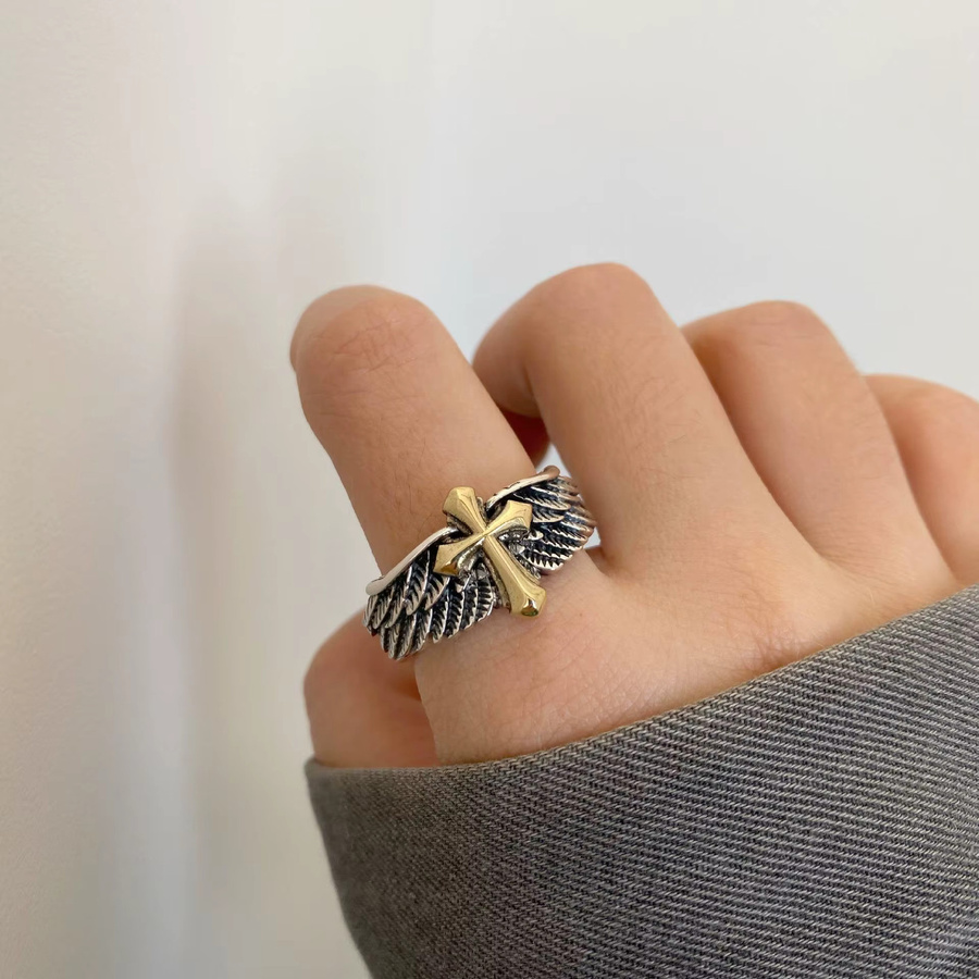 LENNIK Ring, Retro Kreuz Feder Graffiti, Silber, Unisex - Bild 2