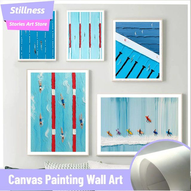 Minimalistisches Leinwand Poster von Werner Bronkhorst mit abstrakter blauer Pool und Schwimmen Textur für deine moderne Wohnkultur - Bild 1